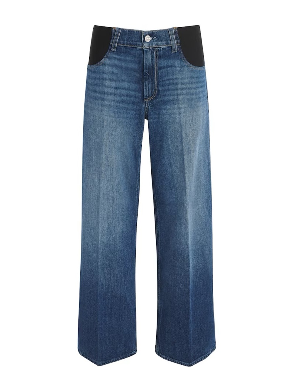 PAIGE Sasha Petite Blue Denim Wide Leg Maternity Jeans with Black Waist Panels